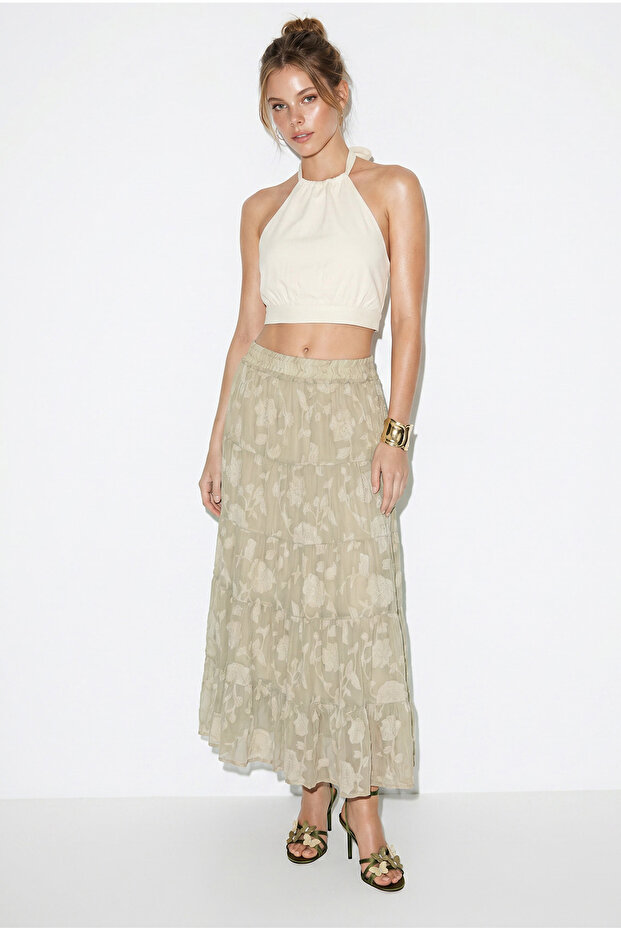 Women's Mint Green Elastic Waist Self-Patterned Lined Midi Skirt 355 60286035