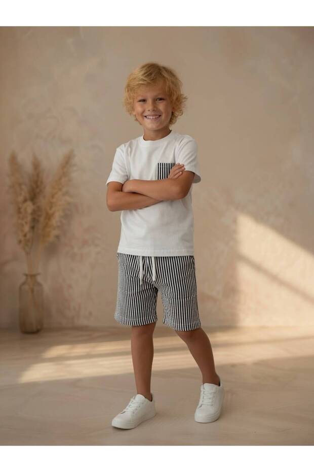 Cream Supreme Combed Cotton, Black Premium Waterway Twill Fabric Shorts Set