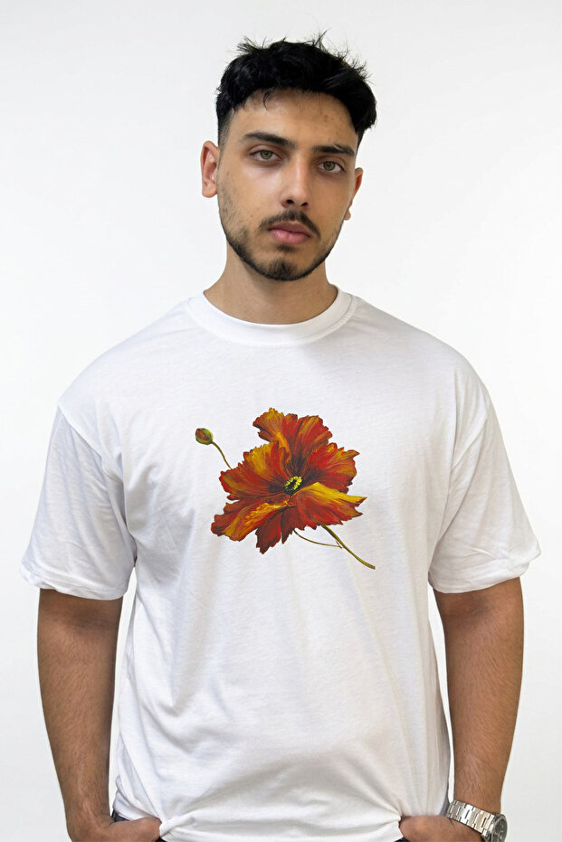 Red Poppy Design Printed Oversize White T-Shirt