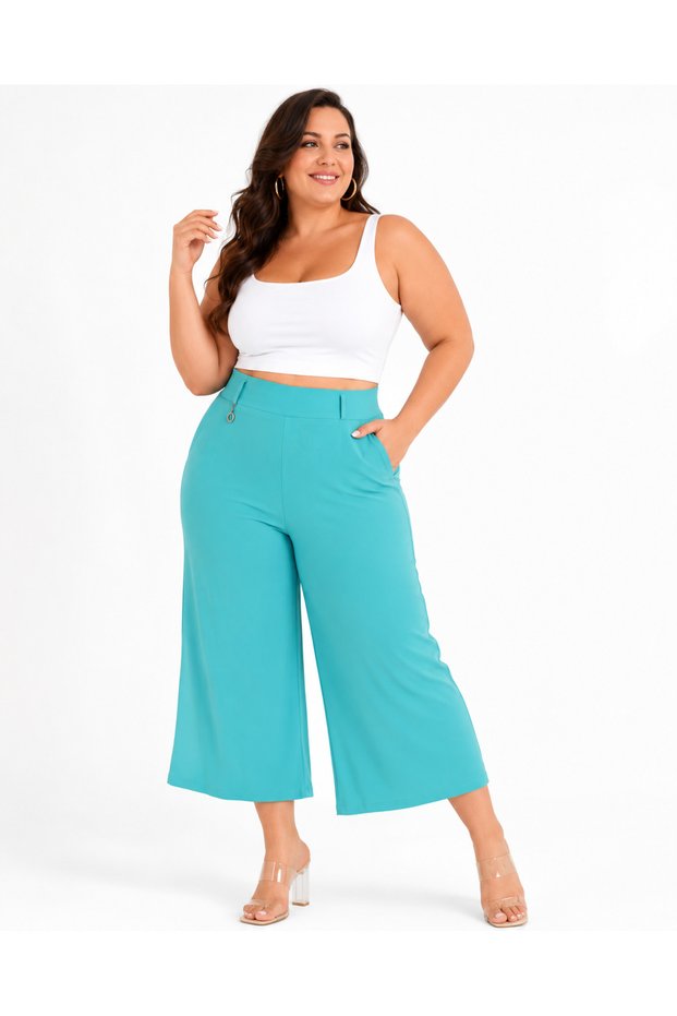 Plus Size Cotton Elastic High Waist Sandy Fabric Wide Leg Women's Trousers