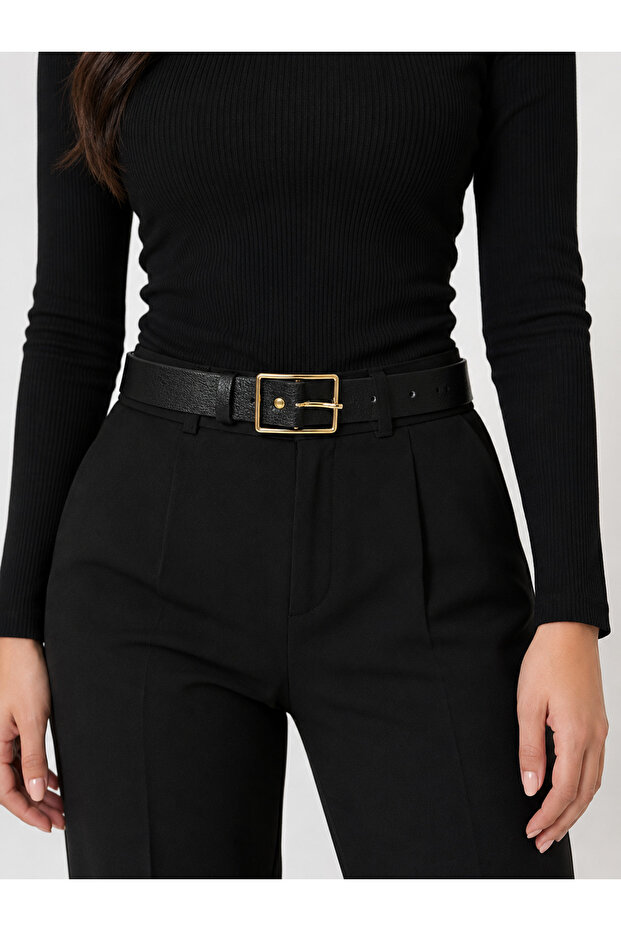 Women's Black Gold Rectangular Buckle Belt – Suitable for Pants and Waist Use