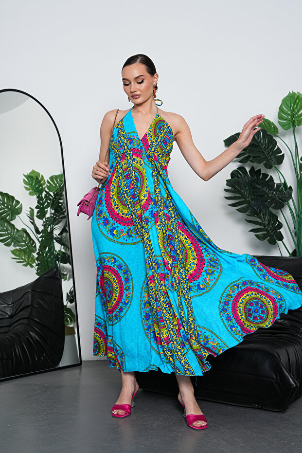 Long Oversized Dress with Halter Neck Detail and Backless Slit