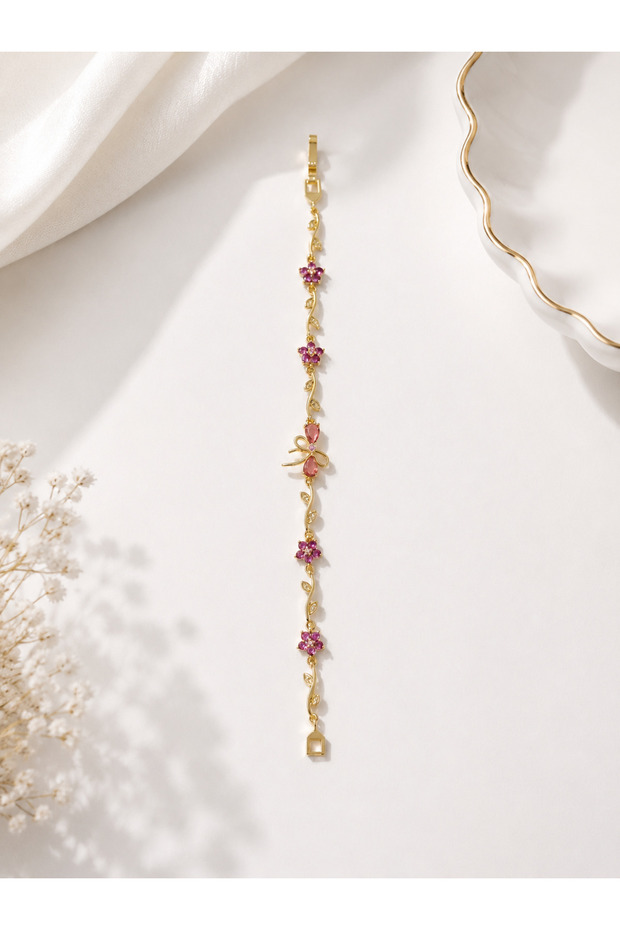 Gold Color Pink Stone Bow Bracelet | Elegant Flower Detailed Women's Bracelet | Stylish and Modern Design
