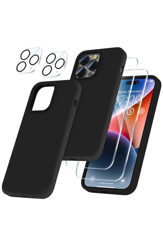 Liquid Silicone Case for iPhone 14 Pro Max 6.7 Inch with Screen & Camera Protector, Black