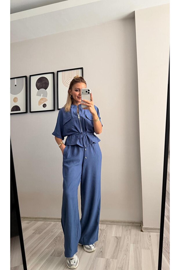 Short Sleeve Jacket and Pants Set with Waist Tie Strings