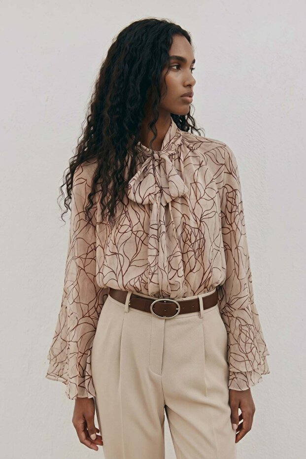 Patterned Scarf Blouse - Brown - 2