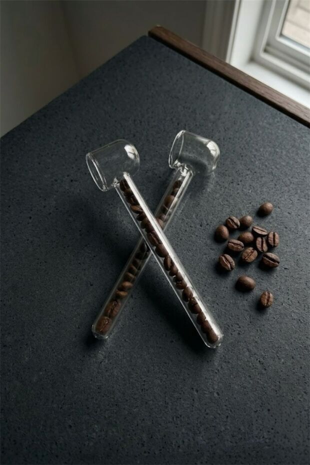 2 Glass Coffee Measuring Spoons – Decorative Design with Real Coffee Beans, Transparent Glass