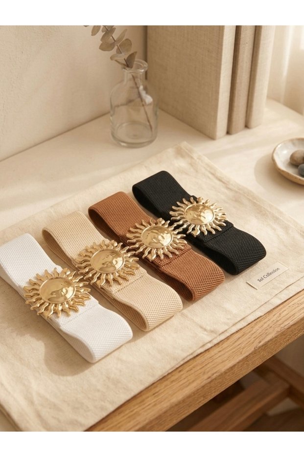 4-Piece Gold Sun Buckle Elastic Women's Belt, Jacket Belt, Shirt Belt, Dress Belt
