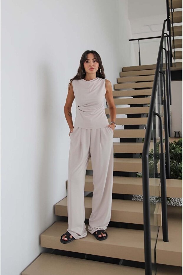 Stone Color Front Draped Blouse and Trousers Set
