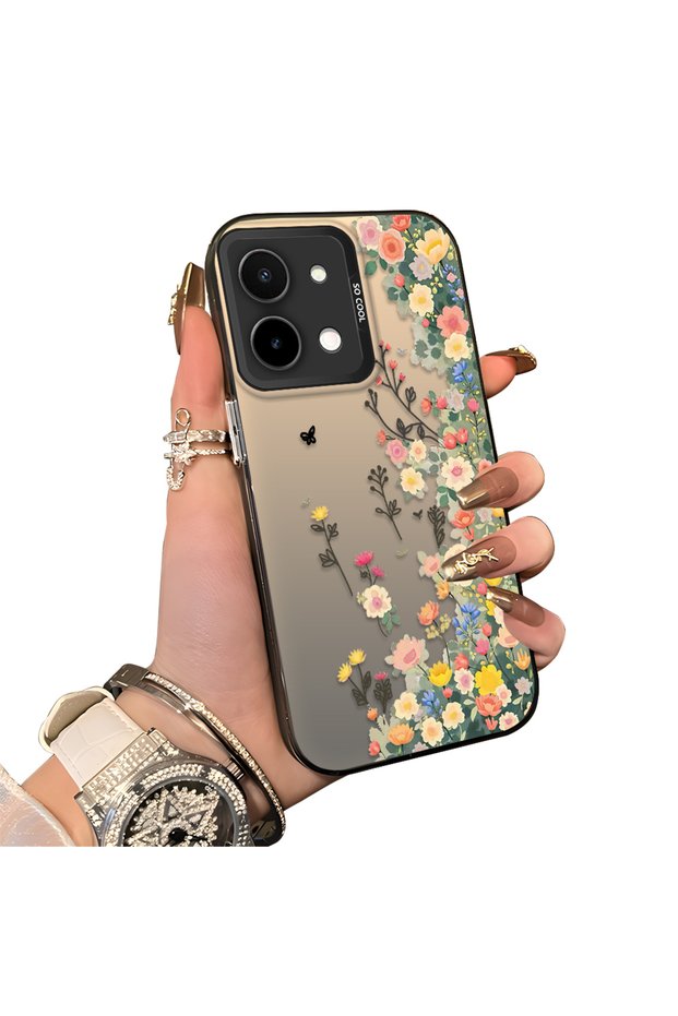 Vivo Y28 Compatible Silicone Edge Hard Back Case Couple Phone Case with Floral Pattern