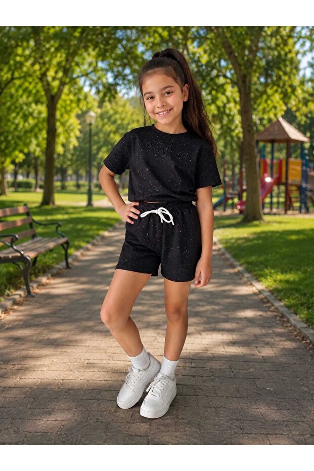 Girl's Glittery Stoned Black Shorts Set