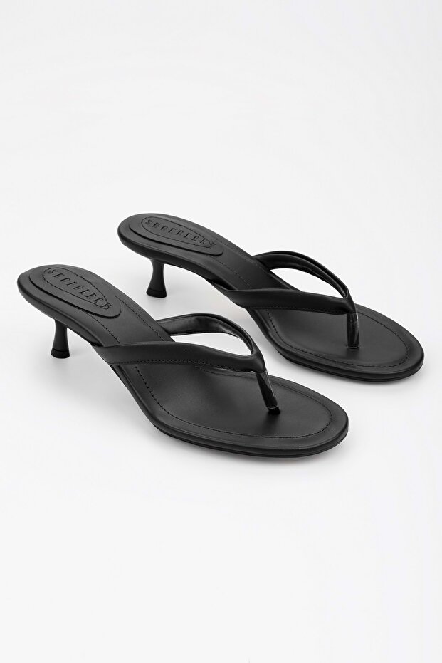 Women's Rivela Black Leather Flip-Flop Heeled Slippers