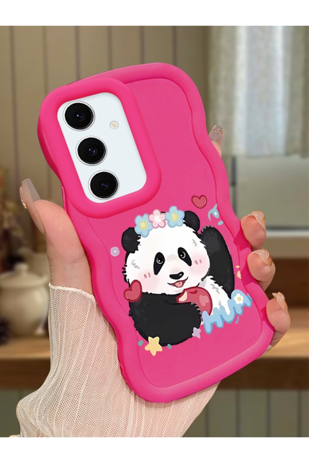 Samsung Galaxy S24 Fe Compatible Case Camera Protector Red Silicone Couple Phone Case Panda Pattern