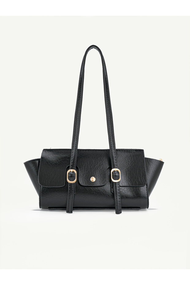 Wrinkled Textured Black Shk313 Gold Buckle, Zippered, Daily, Women'S, Hand, Arm and Shoulder Bag