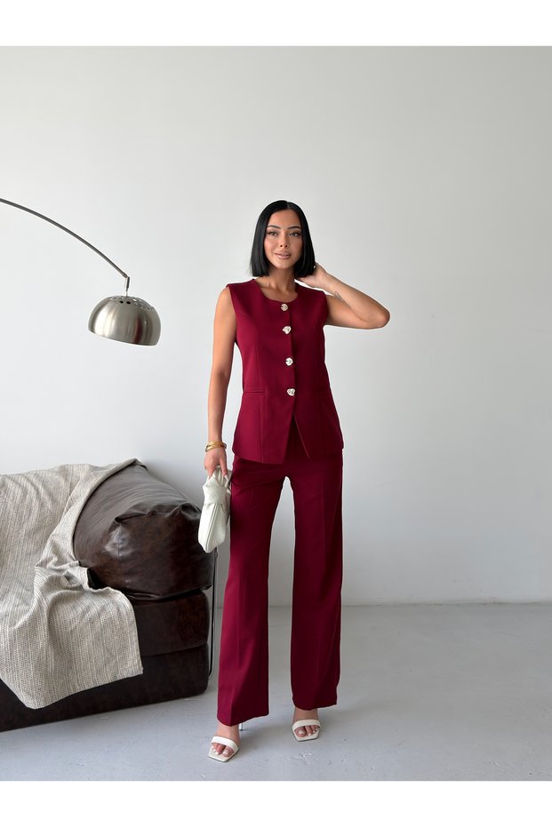 Women's Gold Button Detailed Vest and Trousers Two-Piece Set - Burgundy