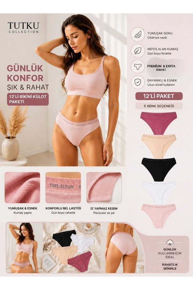 Tutku Collection Women's Cotton Solid Color Seamless Daily Bikini Panties (Mixed Set of 12)
