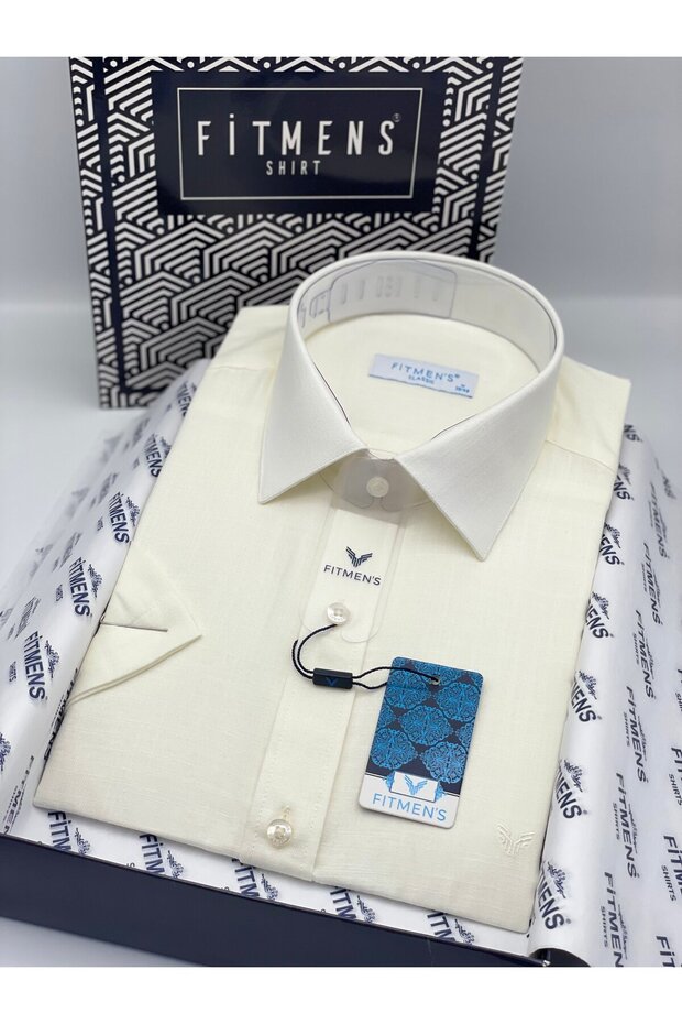 Classic Short Sleeve Linen Collar Button down Comfortable Fabric Gift Boxed Men's Shirt Fs-004588 - Cream