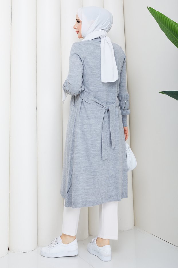 Women's Knitwear Cardigan with Stone-Embellished Sleeves and Pockets