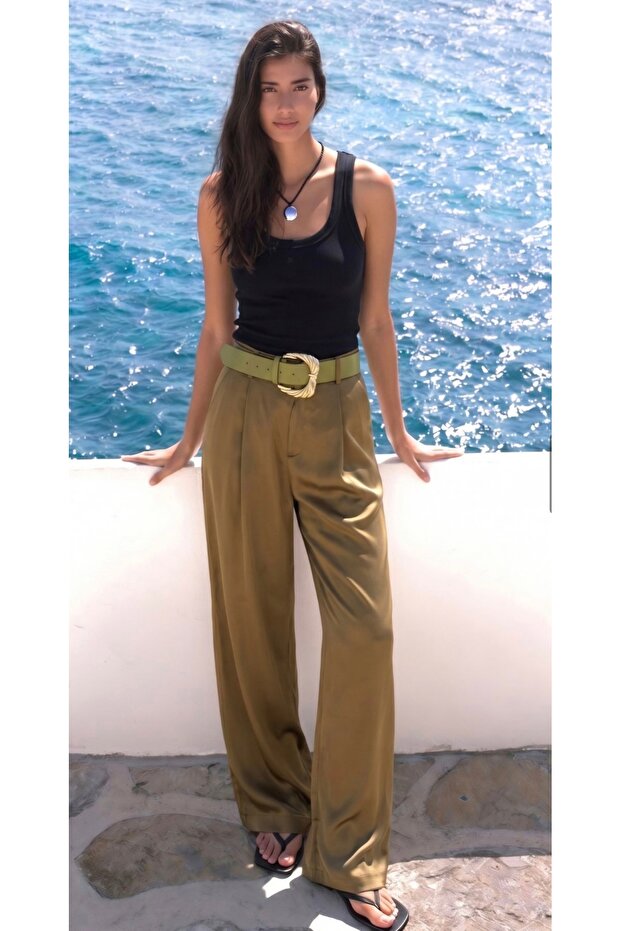 Olive Wide Leg Belted Trousers Lum761 #