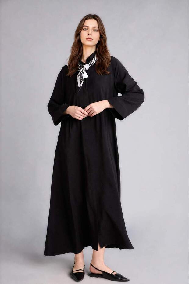 Regular Fit Shirt Collar Long Sleeve Black Maxi Dress H5339Ax26Sm