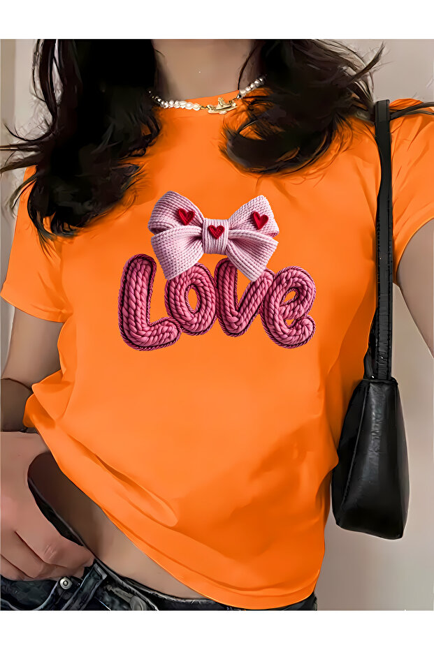 تي شيرت قطني كبير الحجم مطبوع عليه Love Bowknot