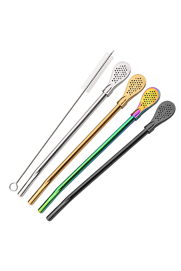 Mix 5Pcs/Set Silver Stainless Steel Drinking Straws Washable Reusable Yerba Mate Spoon Filter Straw