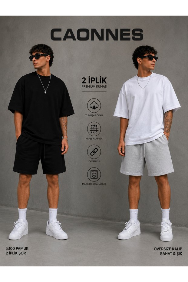 2-Piece Shorts for Men (Black-Grey) Summer Wide Fit Oversize Washable Fabric Anti-Sweat