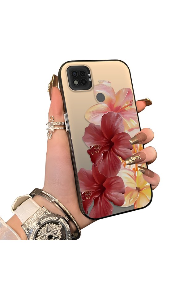 Poco C31 Compatible Silicone Edge Hard Back Case Couple Phone Case with Floral Pattern