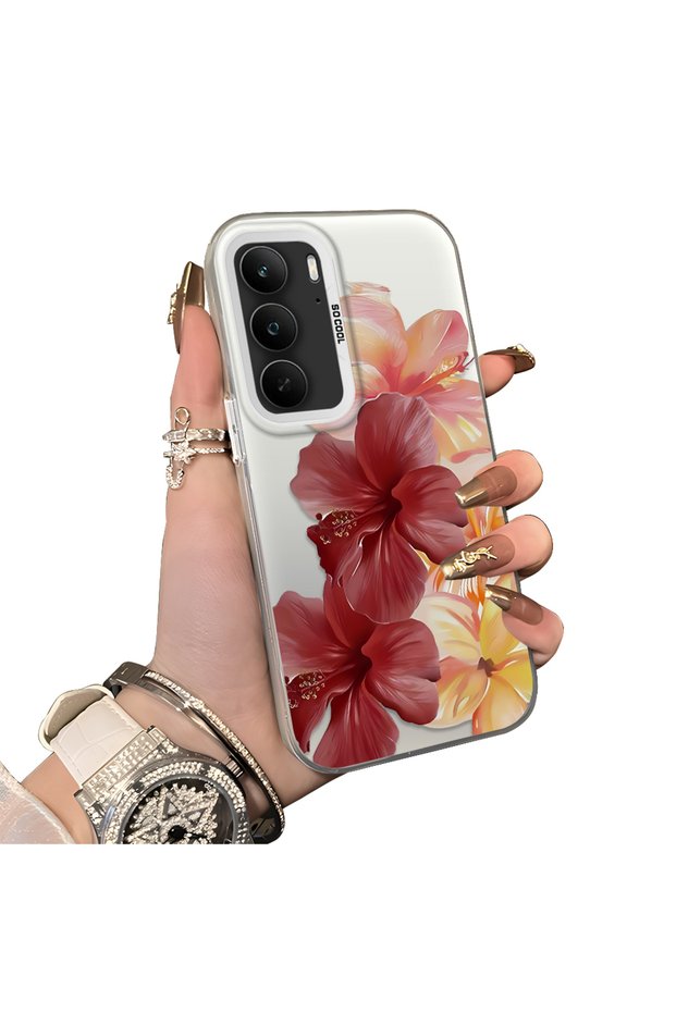 Realme 14X Compatible Silicone Edge Hard Back Case Couple Phone Case with Floral Pattern