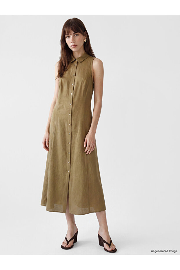 Lcw Vision Khaki Linen Blend Shirt Dress