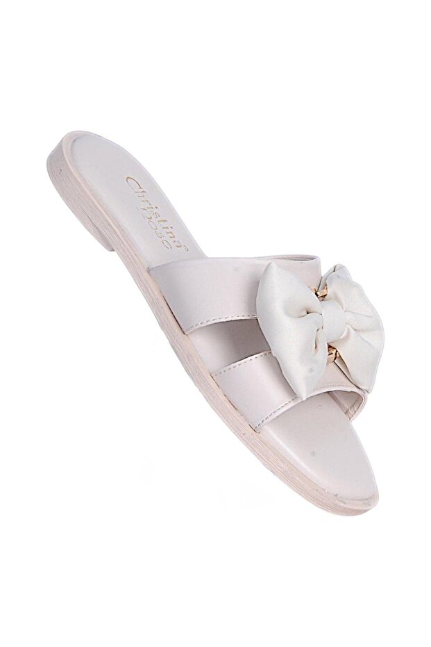 050 Cream Papiyonlu Women's Daily Flat Slippers