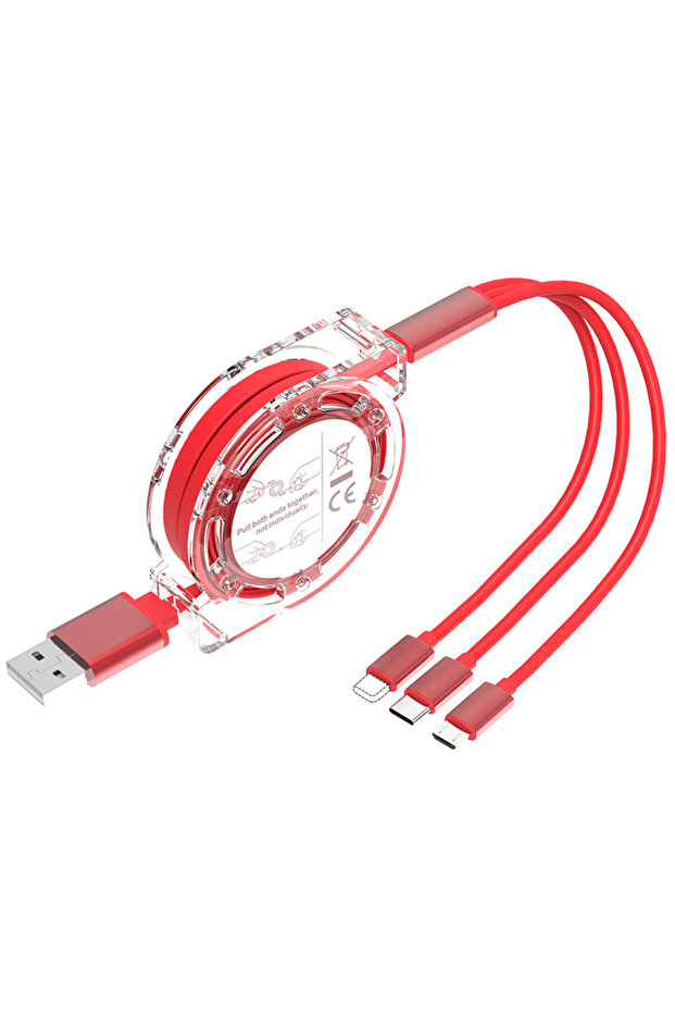 كابل بيانات USB أحمر قابل للسحب 3 في 1 بطول 1 متر لشحن هواتف آيفون، كابل شحن سريع لهواتف أندرويد