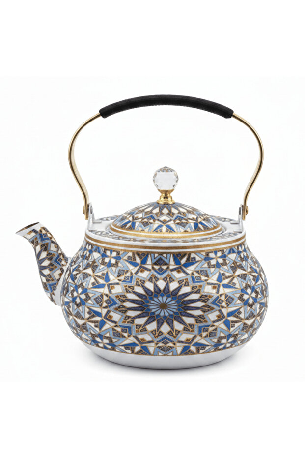 Blue & White Mosaic Metal Tea Kettle with Crystal Lid & Ergonomic Handle — 1.5 Litre | Arabic Majlis Hospitality Teapot
