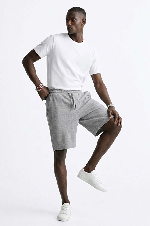 Men's Tie-Waist Waffle Pattern Shorts - Gray