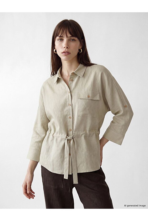 Lcw Vision Khaki Lace-Up Linen Blend Women's Shirt
