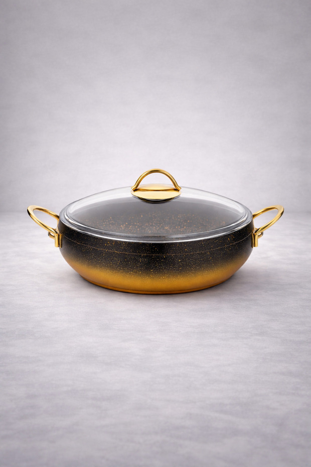 Caldora 24 cm Flat Granite Casserole Pot with Gold Handle and Glass Lid – 3 L Fireproof Non-Stick Granite Pot