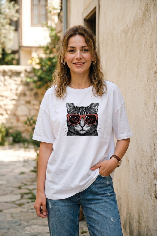 Unisex Oversize Cat with Glasses Printed White T-Shirt Minimalist Graphic Patterned Cotton Streetwear T-Shirt
