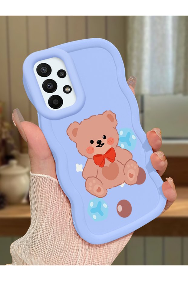 Samsung Galaxy A23 Compatible Case Camera Protector Blue Silicone Couple Phone Case Bear Pattern