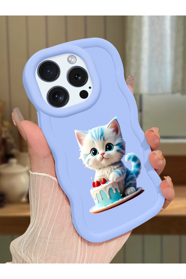 iPhone 15 Pro Compatible Case with Camera Protector Blue Silicone Couple Phone Case Cat Pattern