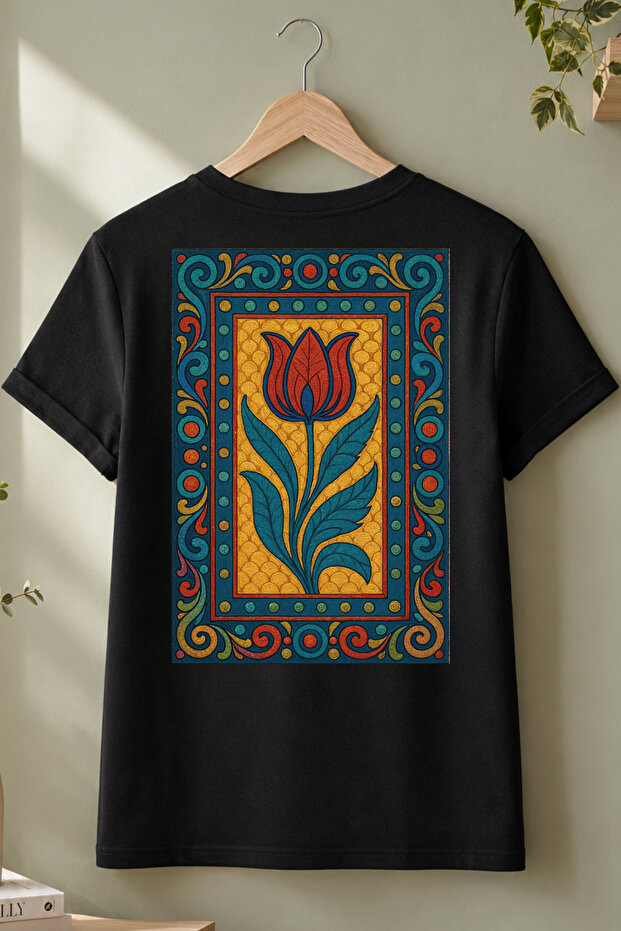 Ottoman Tulip Design 100% Cotton Half Oversize Black T-Shirt
