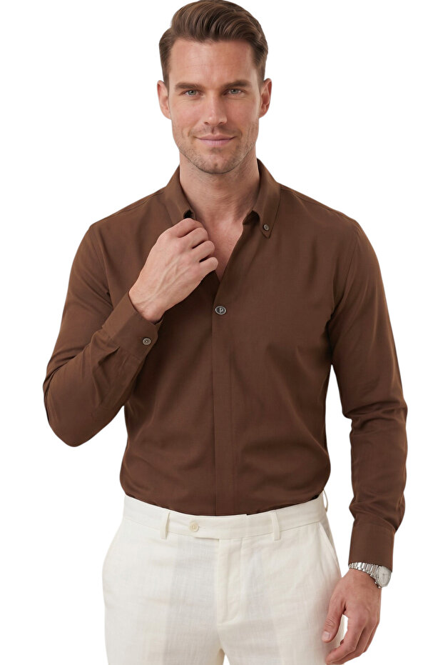 Brown Slim Fit Easy-Ironing Open Collar Lycra Men's Shirt 2602615