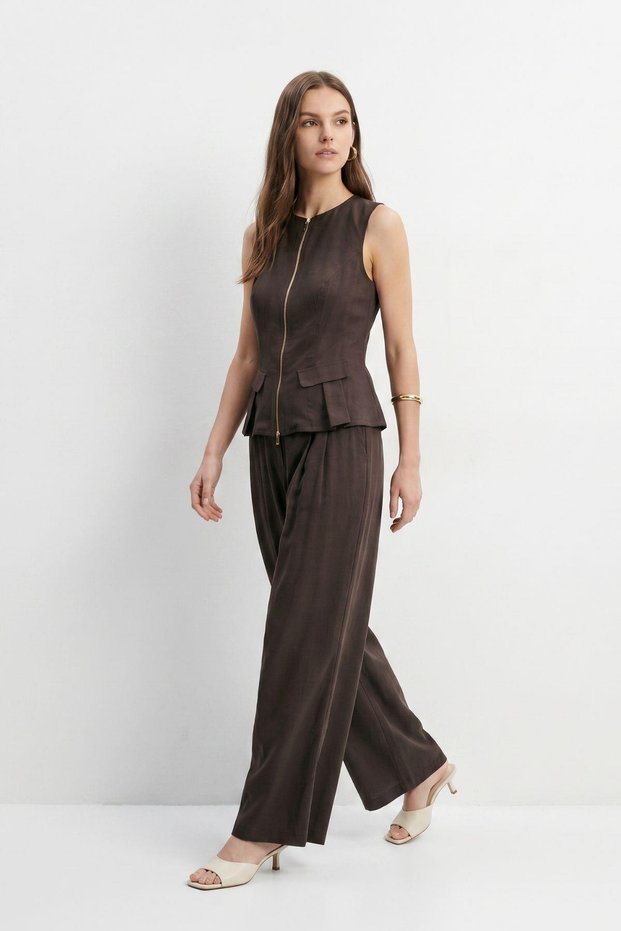 Brown Zero Sleeve Zippered Vest Wide Leg Pants Set 0364