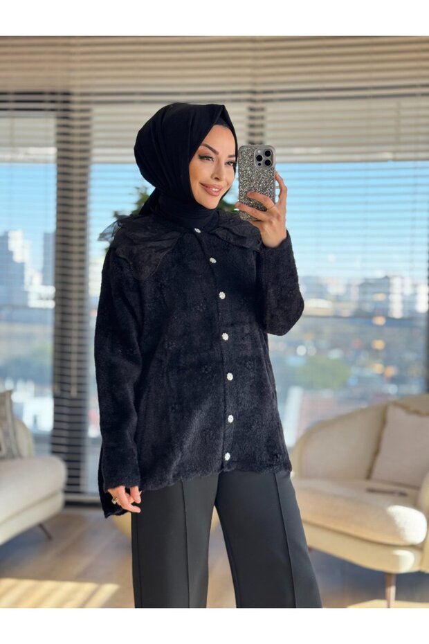 2637 كارديجان طويل بياقة دانتيل أنجورا أسود