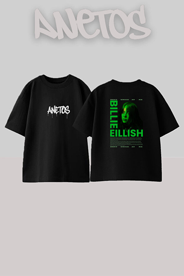 تي شيرت أسود كبير الحجم مطبوع بتصميم Billie Eilish_66 للجنسين
