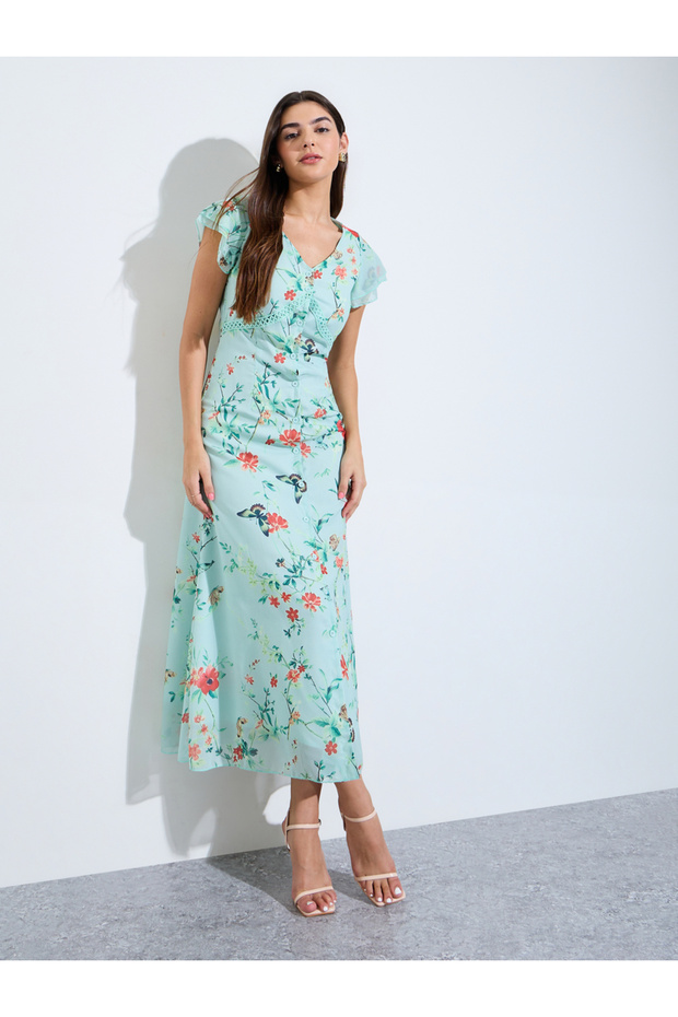 Green Floral Print V Neck Maxi Dress
