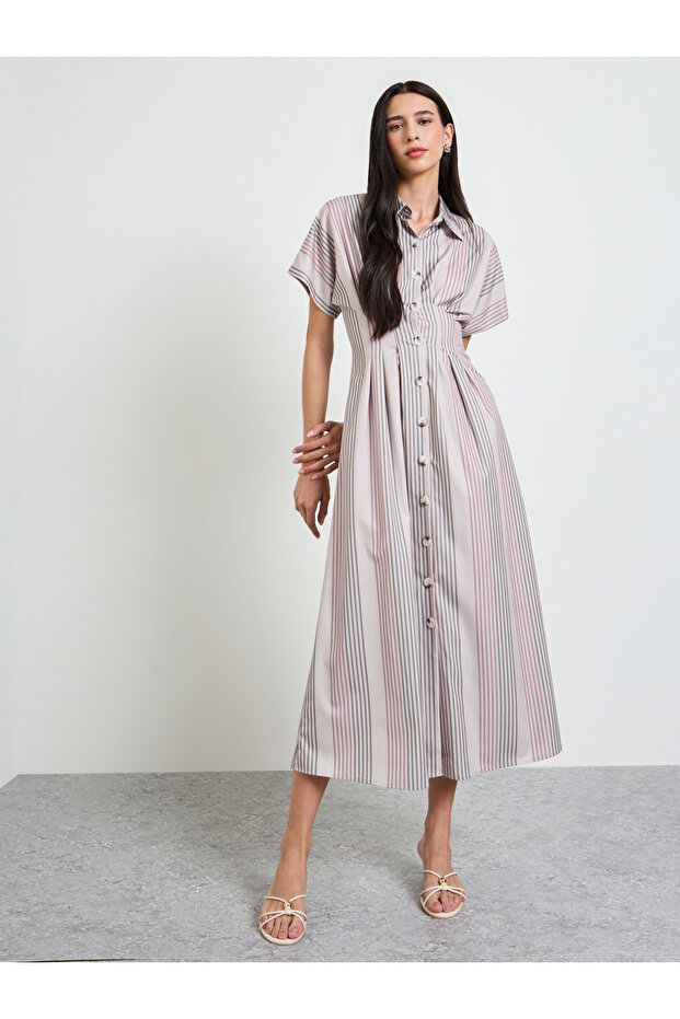 Beige Fitted Waist Striped Shirt Maxi Dress