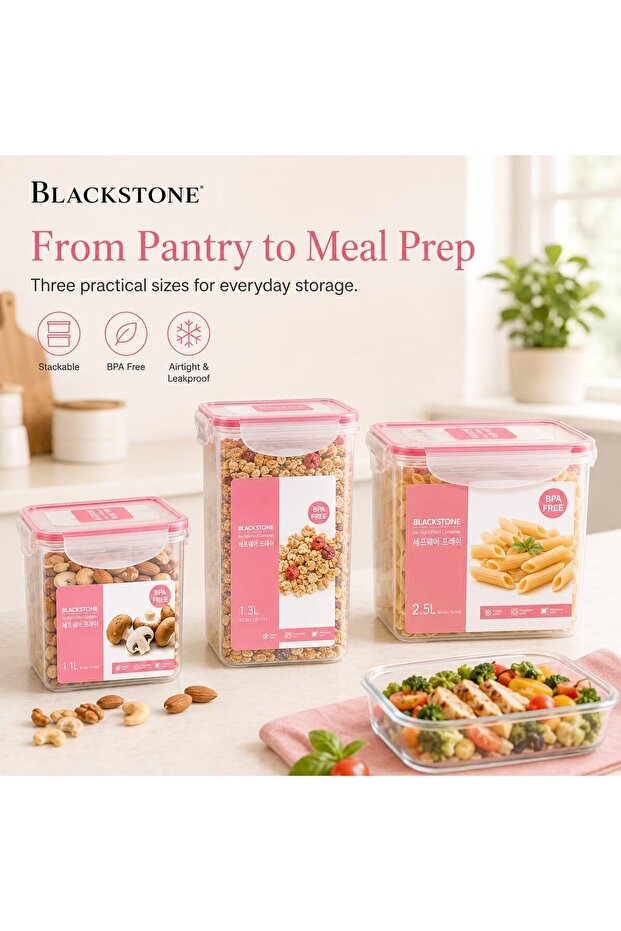 Airtight 3 PCS Plastic Food Storage Container Set, 3 PC with Locking Lids, 1.1L + 1.3L + 2.5L, Leakproof Lunch Box Containers