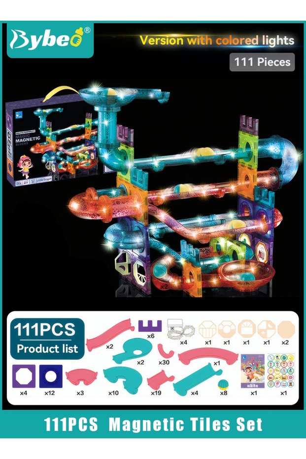 111 PCS Light Magnetic Tiles, Kids Building Blocks Set, Colorful Track Building Blocks, 3D Clear Educational STEM Building Toys, Magnet Puzzles Stacking Blocks for 3 4 5 6 7 8 10+Year Children
