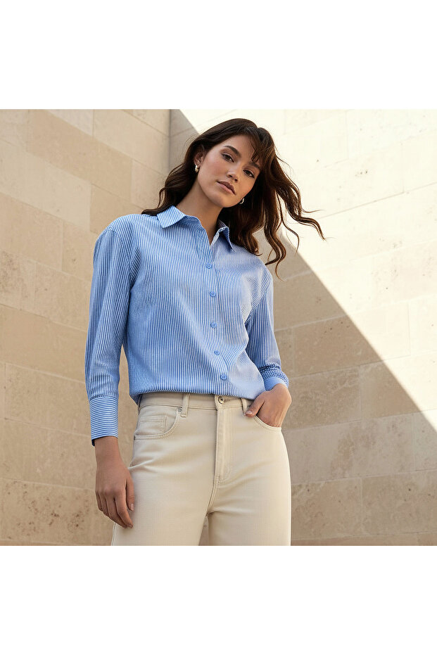 Regular Fit Poplin High Low Shirt with Stripes