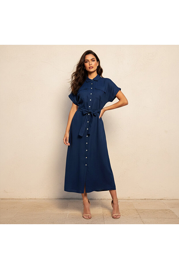 Midi Linen Blend Shirt Dress with Tie-Up Belt
